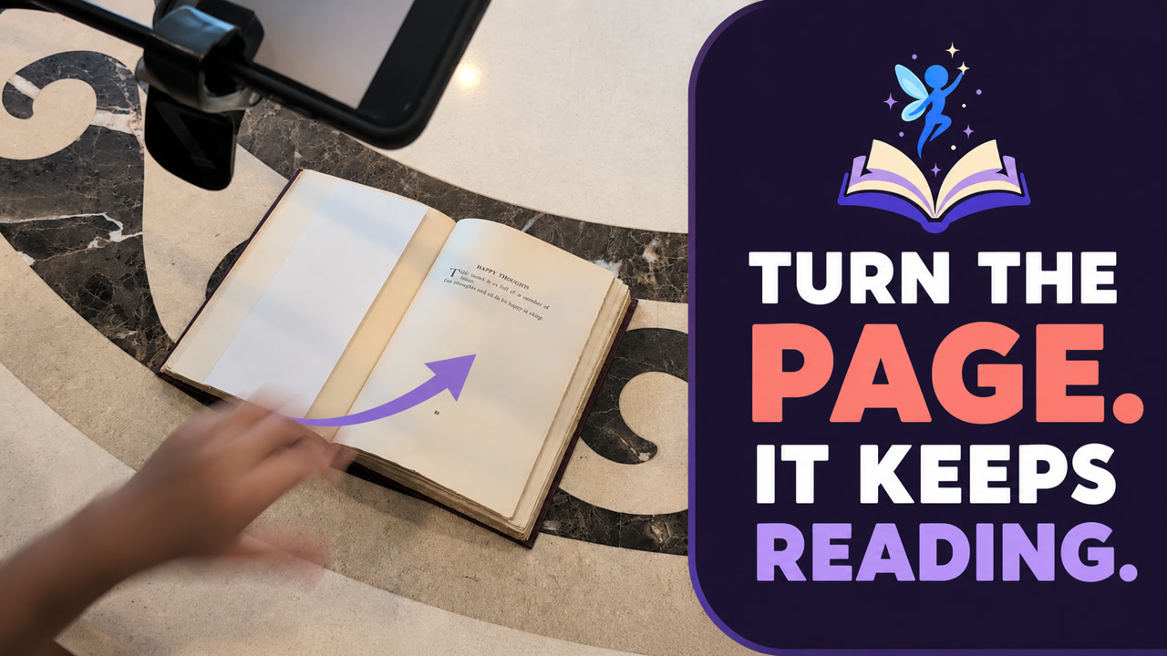 A hand turning the page of a physical book beside the words Turn the page. It keeps reading.